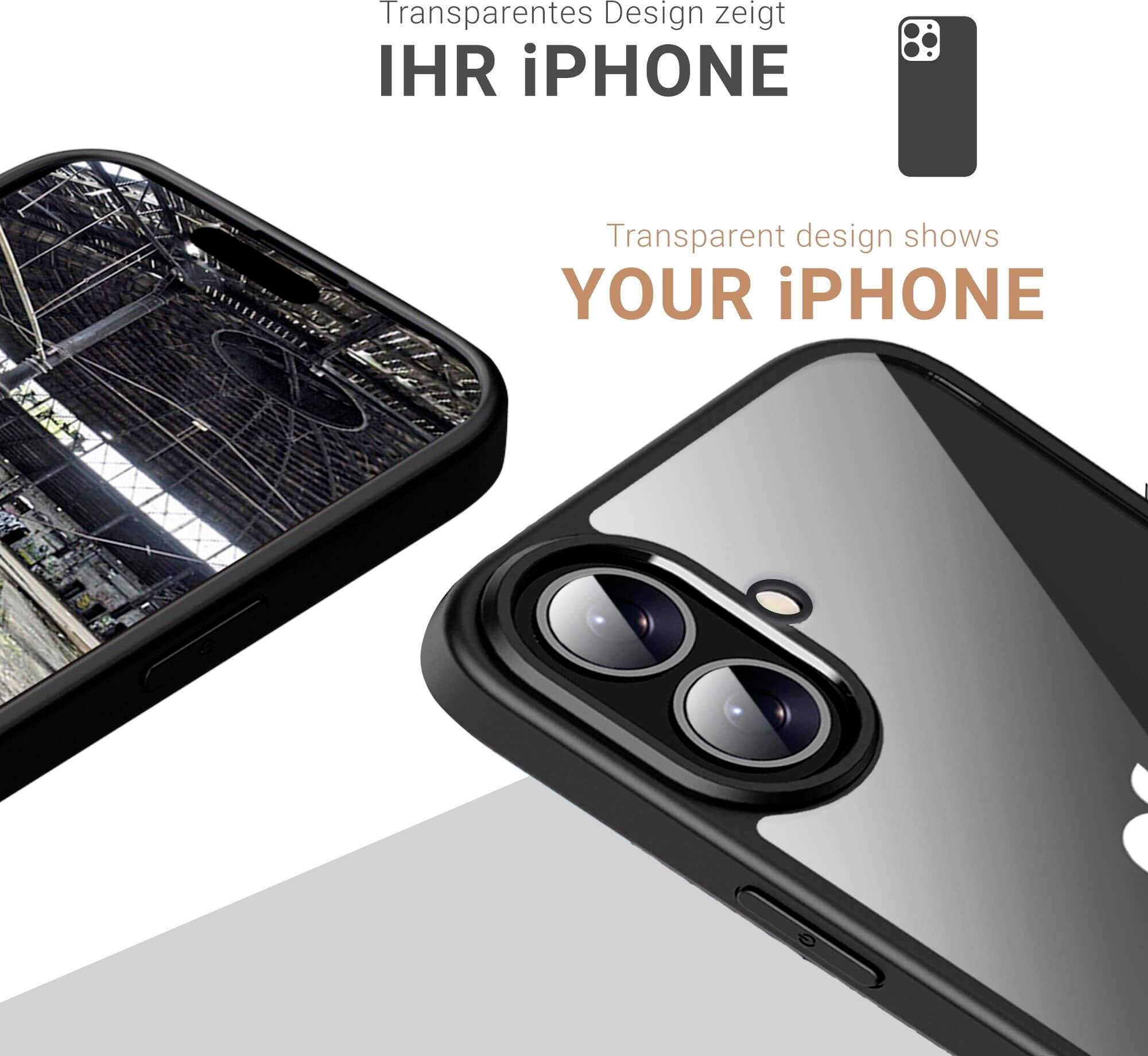 Przezroczyste etui na telefon prezentuje tył iPhone'a. Tekst: 'Przezroczysty design pokazuje TWÓJ iPHONE'.