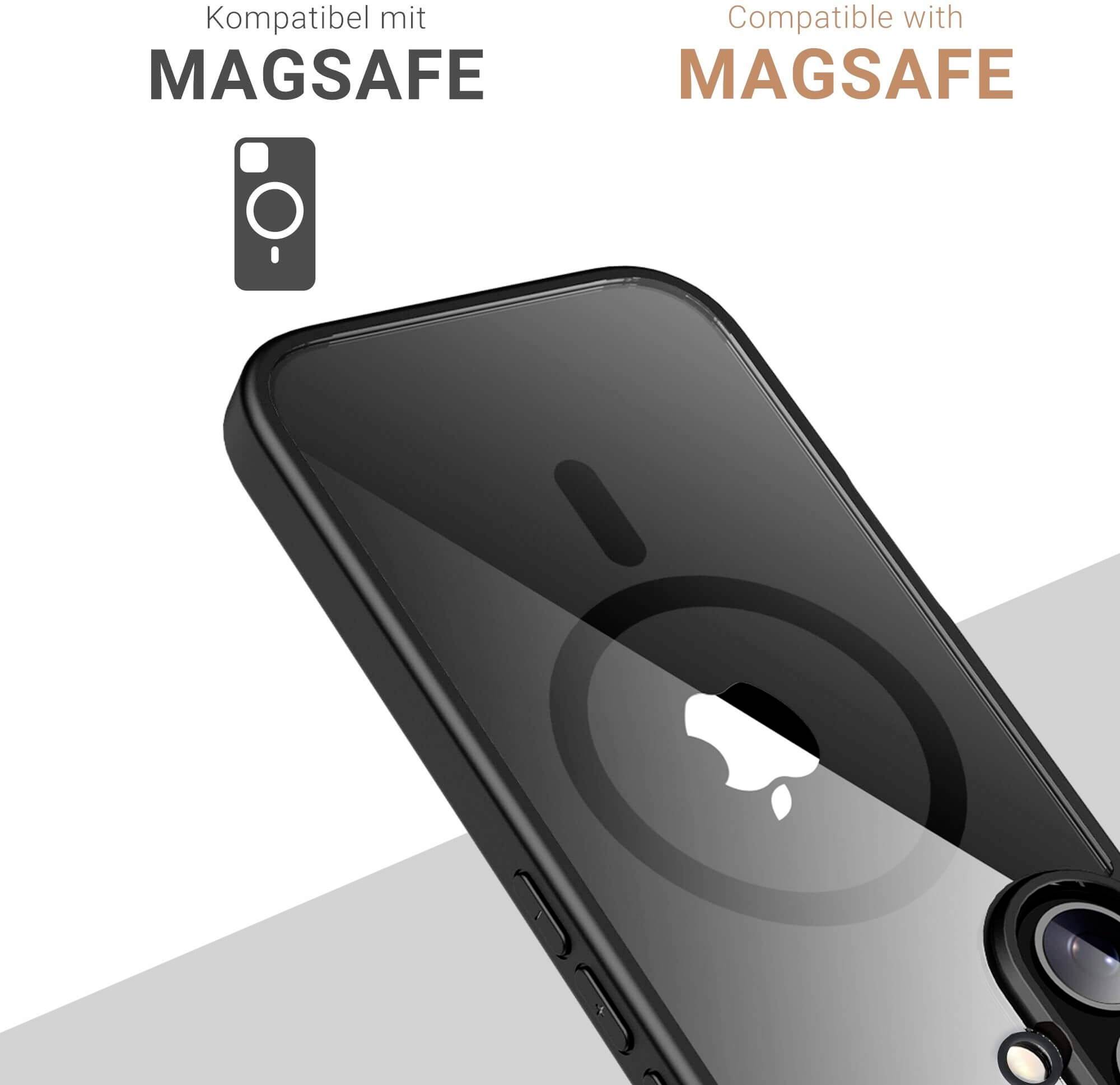 Smartfon z logo MagSafe; tekst 'Kompatybilny z MagSafe' w dwóch językach. Fokus na obszarze aparatu fotograficznego i kompatybilności MagSafe.