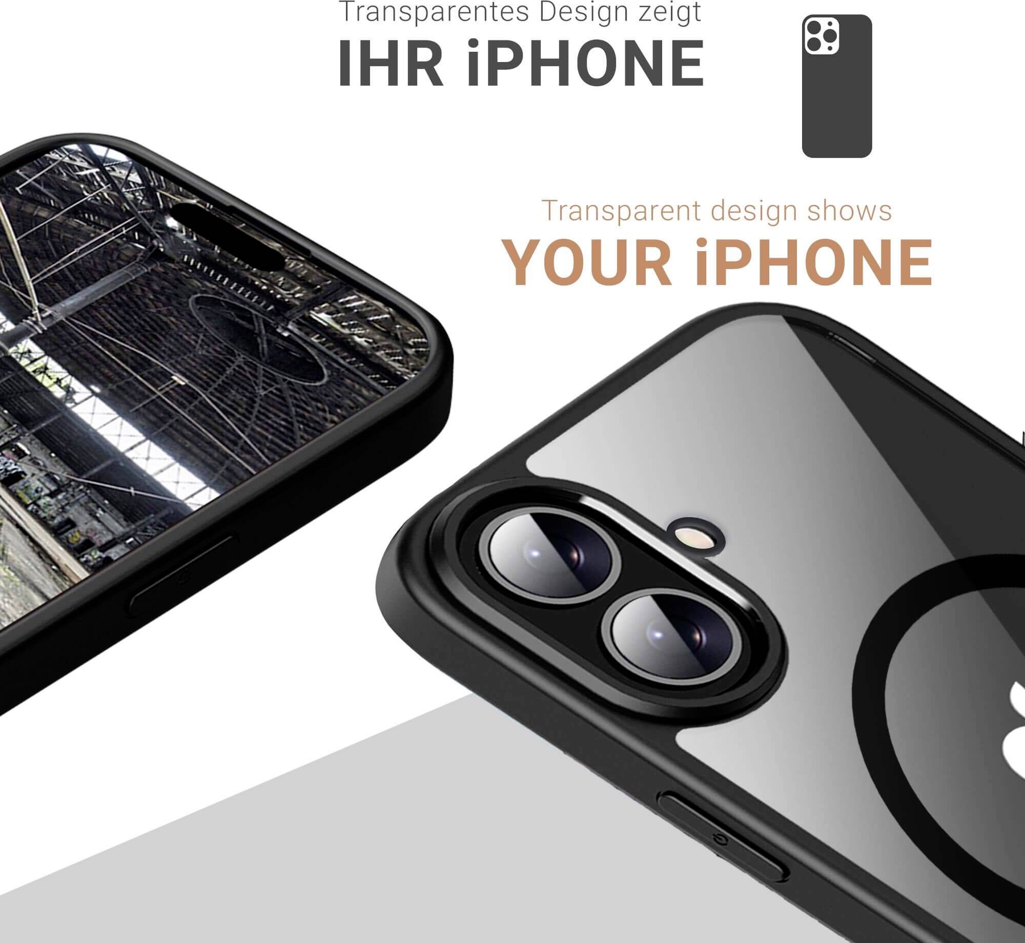 Przezroczysty design etui na telefon, prezentujący tył iPhone'a. Na górze tekst 'Przezroczysty design pokazuje TWÓJ iPHONE'.