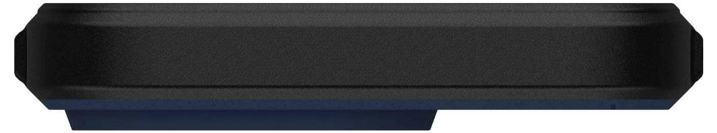 Czarna prostokątna skrzynka z zaokrąglonymi rogami, widziana z boku.