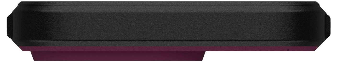 Czarny prostokątny obiekt o lekko zaokrąglonych narożnikach i głęboko czerwonym spodzie.