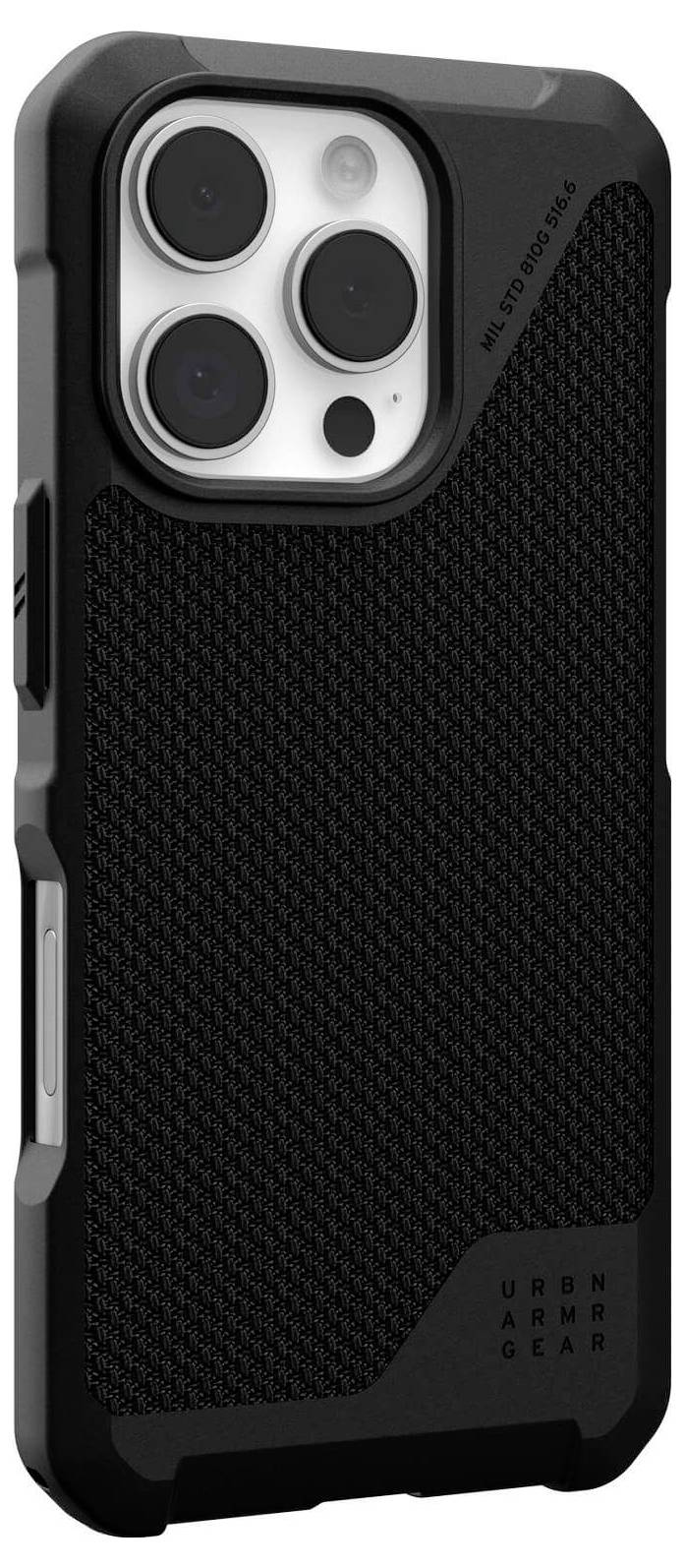 Czarny, strukturowany pokrowiec na telefon z ochronnym designem i precyzyjnymi wycięciami na aparat, dopasowany do nowoczesnych smartfonów.