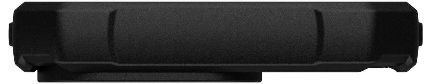 Czarna, prostokątna obudowa o zaokrąglonych narożnikach i gładkiej powierzchni.
