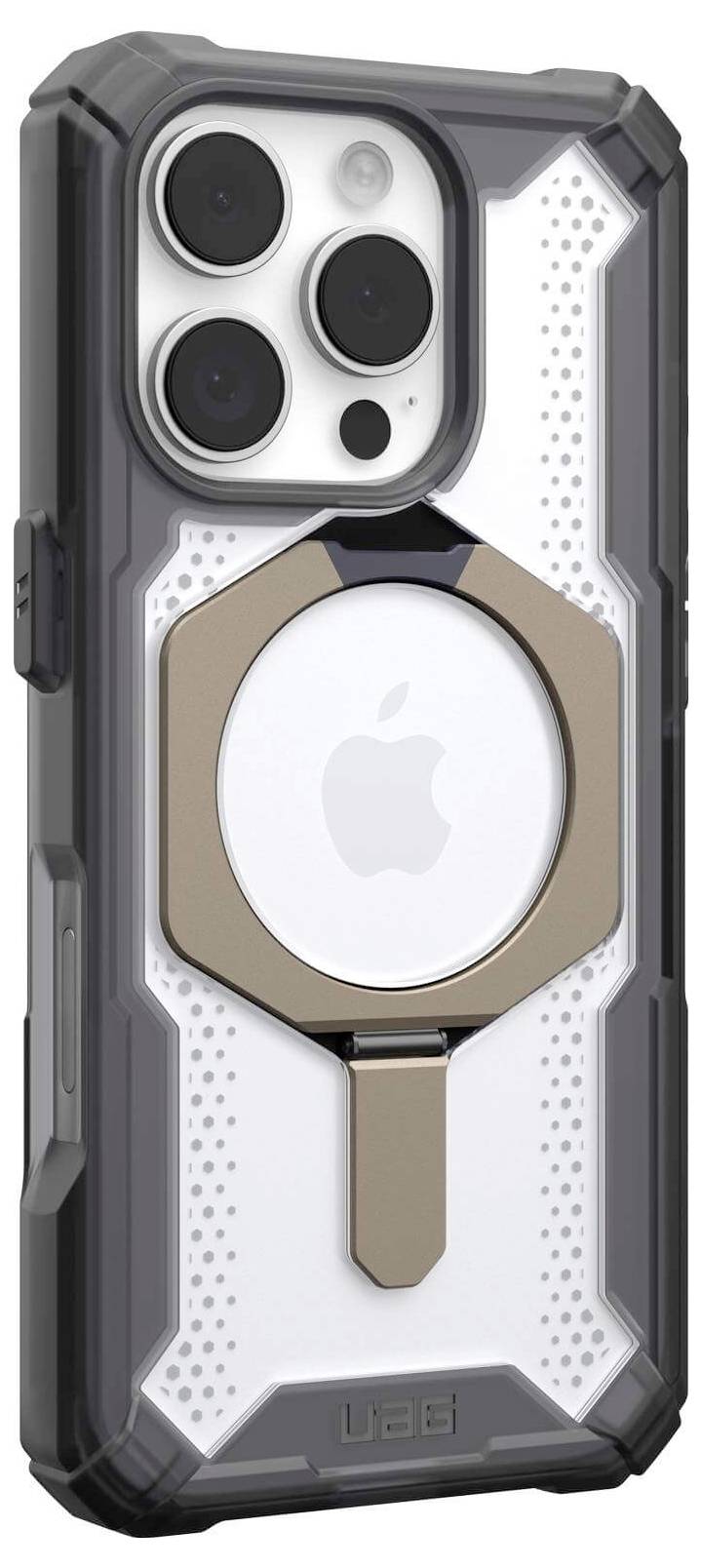 Etui na telefon o wytrzymałej konstrukcji prezentuje moduł kamery oraz logo Apple. Zapewnia ochronę i jest ozdobione metalową płytką.