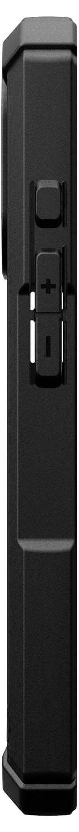 Czarny, smukły przyrząd widziany z perspektywy bocznej. Pośrodku posiada przyciski regulacji głośności.