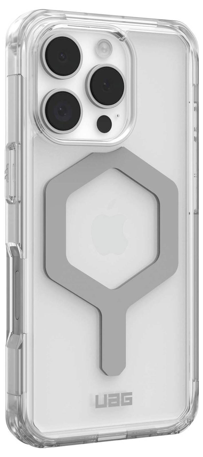 Przezroczyste etui na telefon z metalowymi pierścieniami kompatybilne z MagSafe, prezentujące trzy obiektywy aparatu oraz logo Apple.