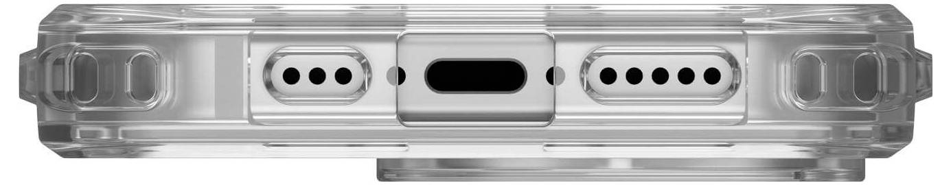 Dolny widok przezroczystego etui na smartfona z otworami na głośnik i port ładowania.