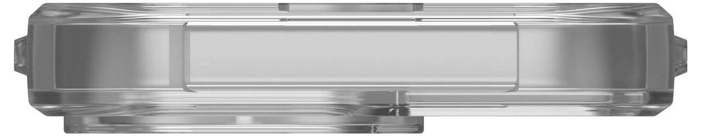 Przezroczyste prostokątne opakowanie z tworzywa sztucznego, puste, z dwoma zaciskami bocznymi do mocowania i płaską pokrywką.