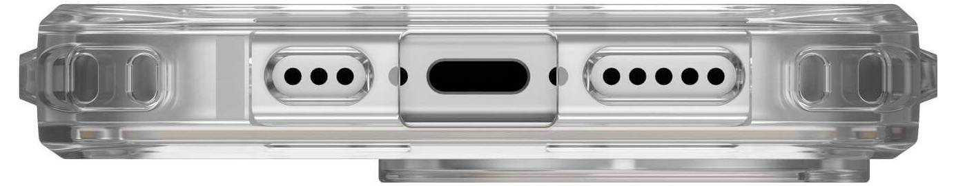 Widok od spodu smartfona z przezroczystą obudową, ukazujący port ładowania oraz dwa głośniki po bokach.