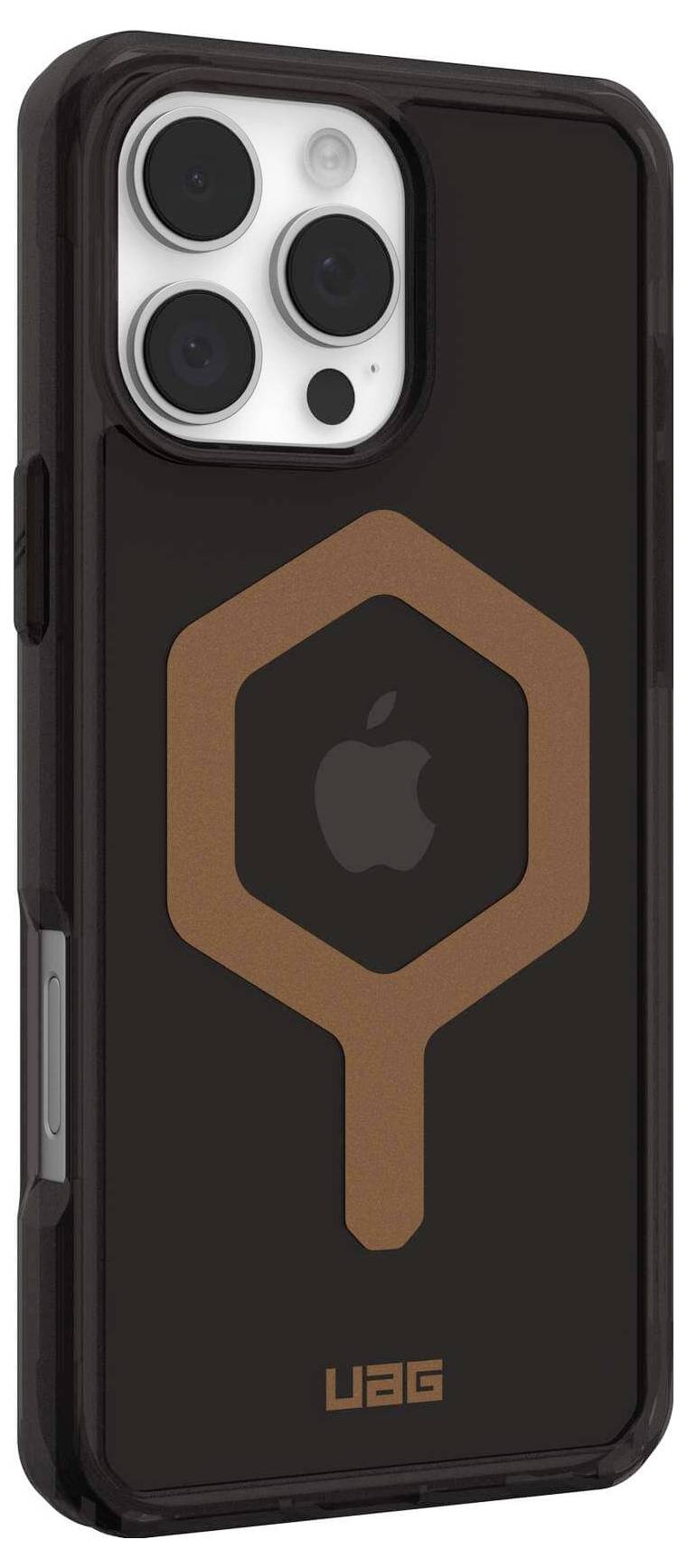 Czarny smartfon z brązową obudową. Tylna strona prezentuje wzór heksagonalny z logo Apple pośrodku.