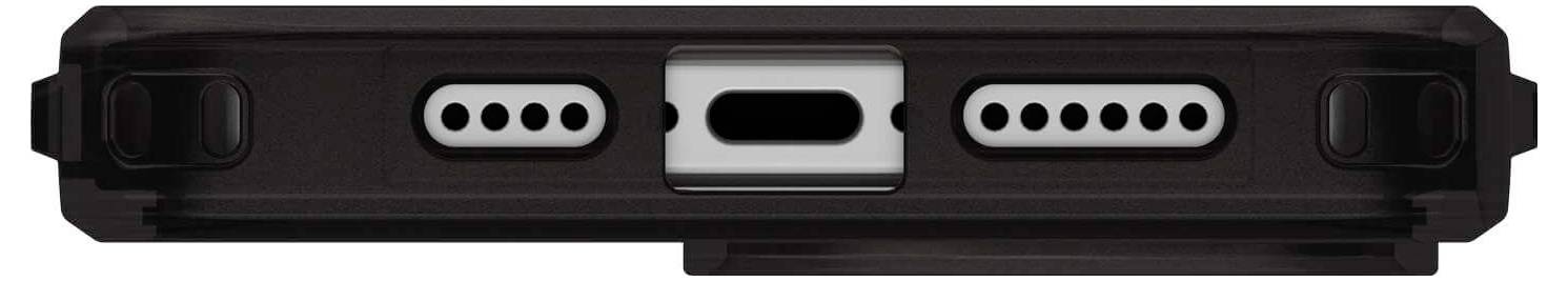 Dolna strona czarnego smartfona z gniazdem USB-C pośrodku, po bokach której znajdują się dwie kratki głośników.