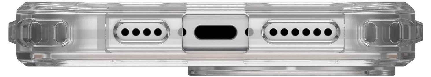 Spód smartfona w przezroczystej obudowie ochronnej. Widoczne jest złącze ładowania pośrodku oraz otwory głośnikowe po obu stronach.