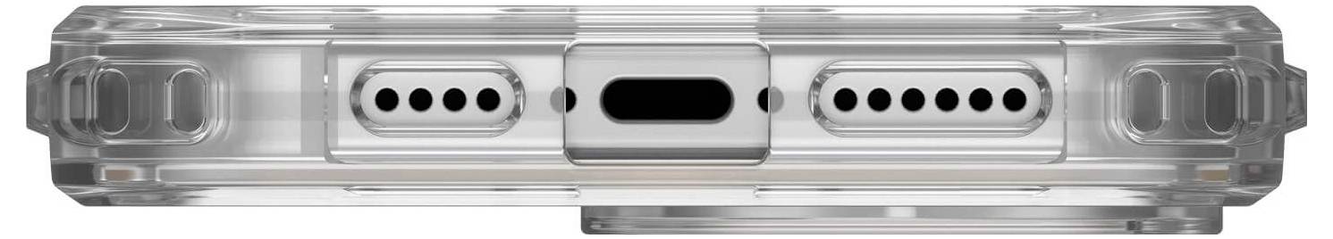 Widok spodu smartfona z przezroczystą obudową, ukazujący otwory głośnika i złącze ładowania na środku.