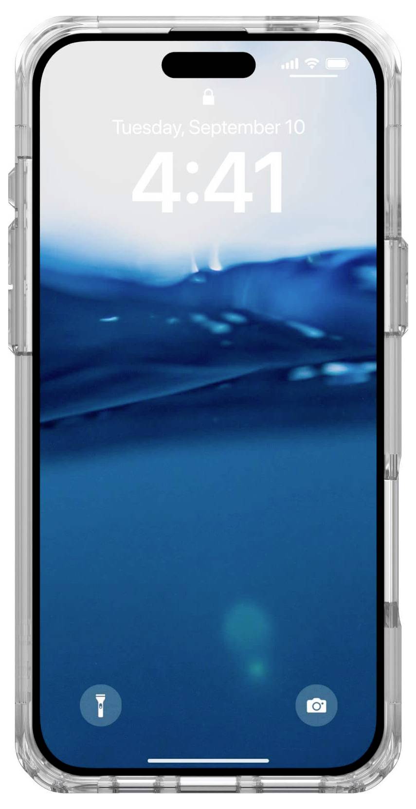 Smartfon z przezroczystą obudową wyświetla niebieski tło fal na ekranie oraz godzinę 4:41 z datą wtorek, 10 września.