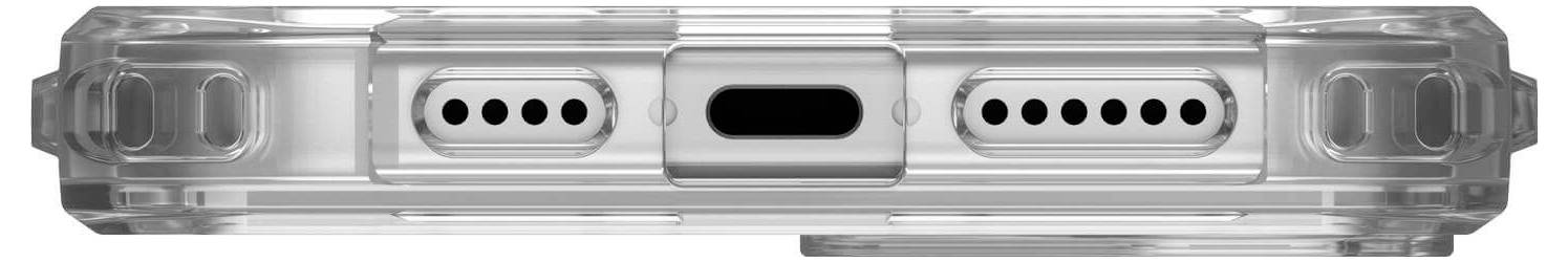 Przezroczyste etui na telefon z wycięciami na głośnik, port ładowania i przyciski, widziane od dołu.