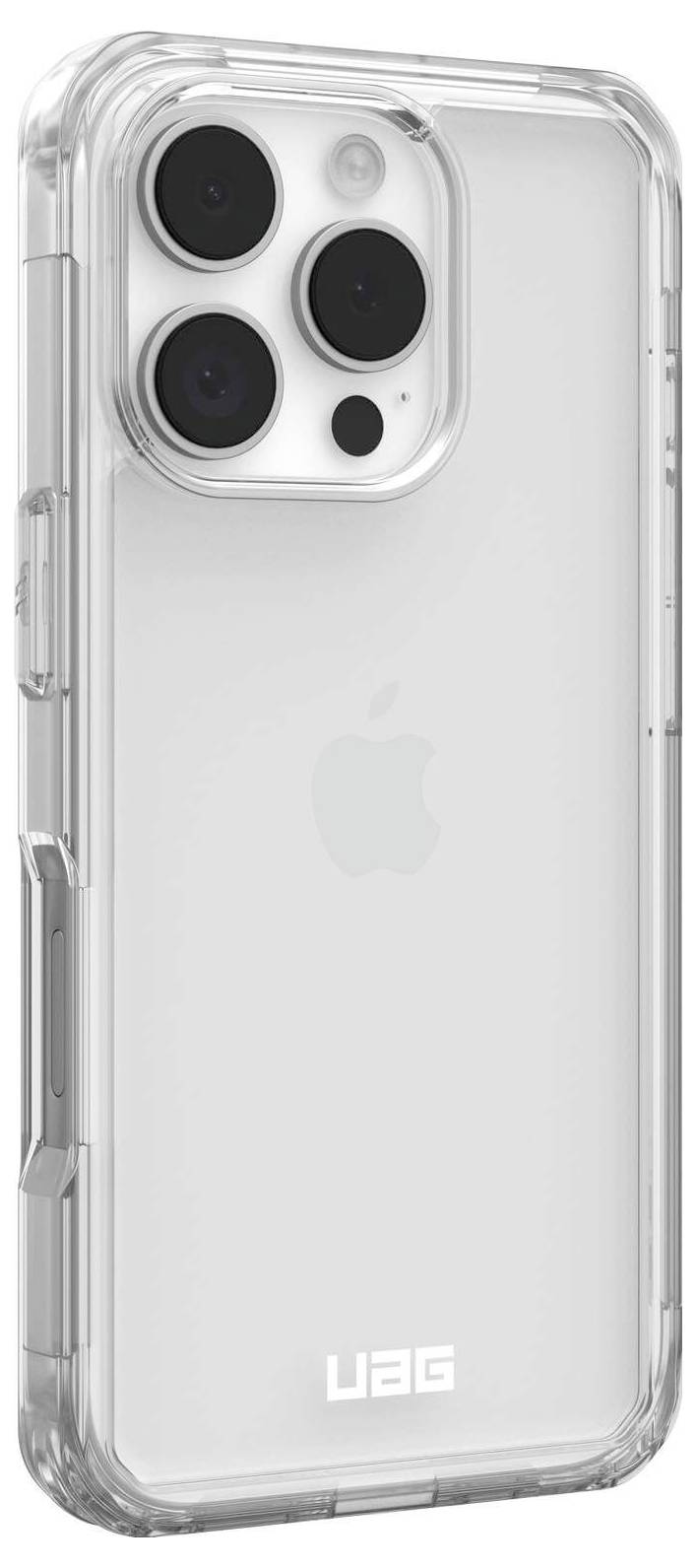 Przezroczyste etui ochronne smartfona, eksponujące tylną cześć urządzenia z obiektywami aparatu i logo, chroniące przed uderzeniami i zarysowaniami.