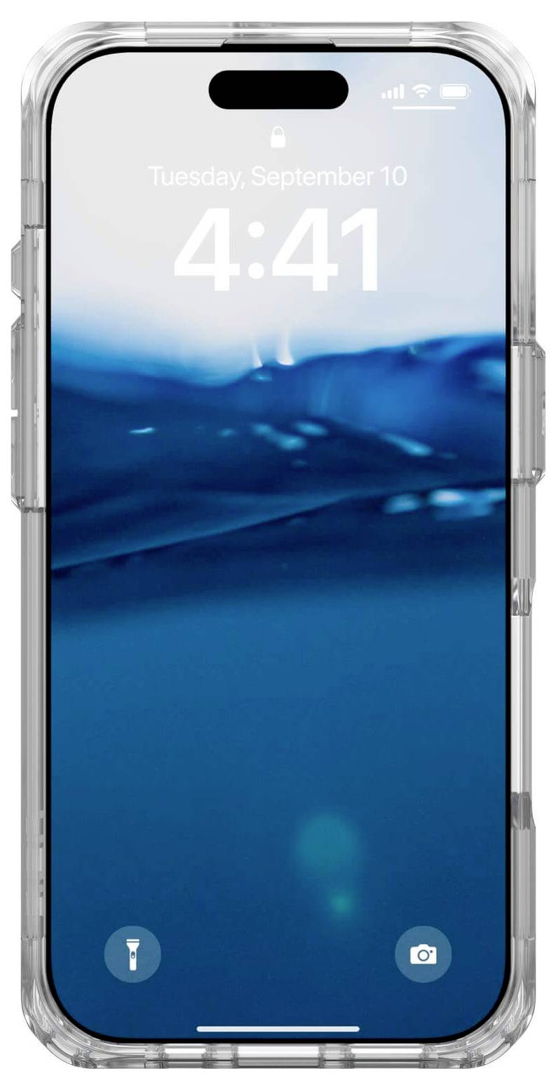 Smartfon z przezroczystą obudową, wyświetlacz pokazuje 'Wtorek, 10 września, 4:41' z niebieskim obrazem podwodnym w tle.