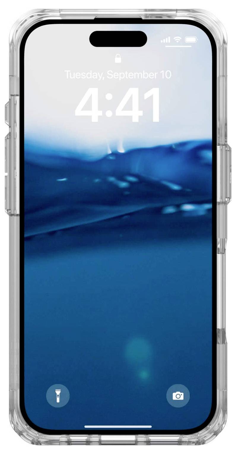 Smartfon z przezroczystą obudową. Wyświetlacz pokazuje: 'Wtorek, 10 września, 4:41'. Tło: Niebieska woda.