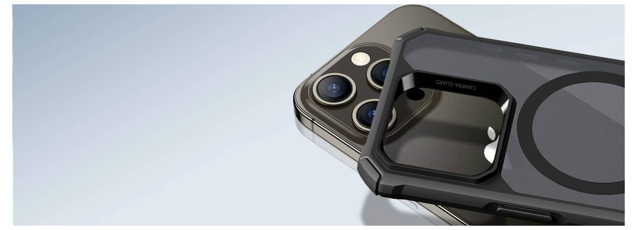 Smartfon z obiektywami aparatu i dopasowanym etui ochronnym na gładkim tle.