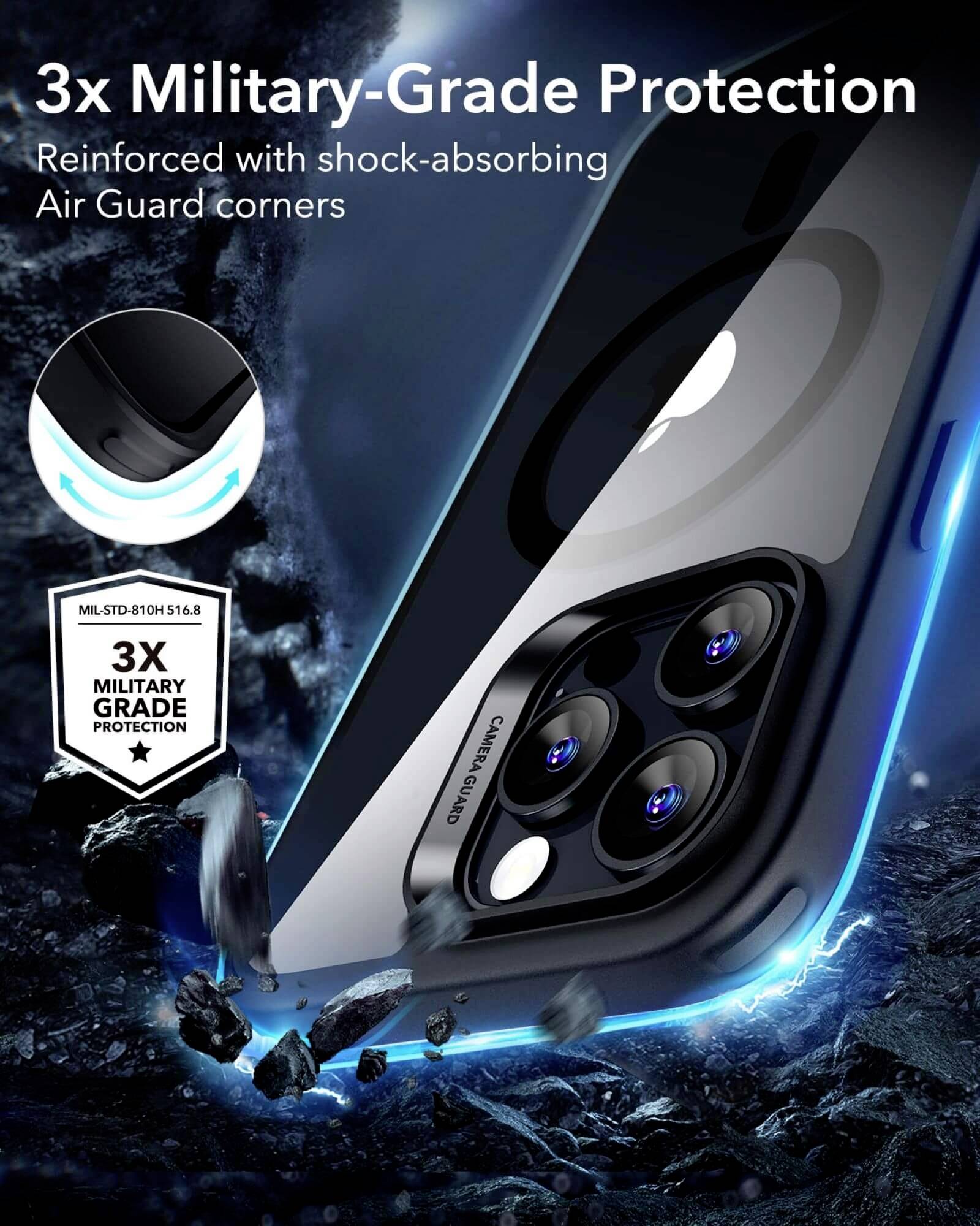 Smartfon w etui zapewniającym potrójną ochronę wojskową. Narożniki pochłaniające wstrząsy, niebieskie efekty świetlne; wytrzymały na uderzenia.