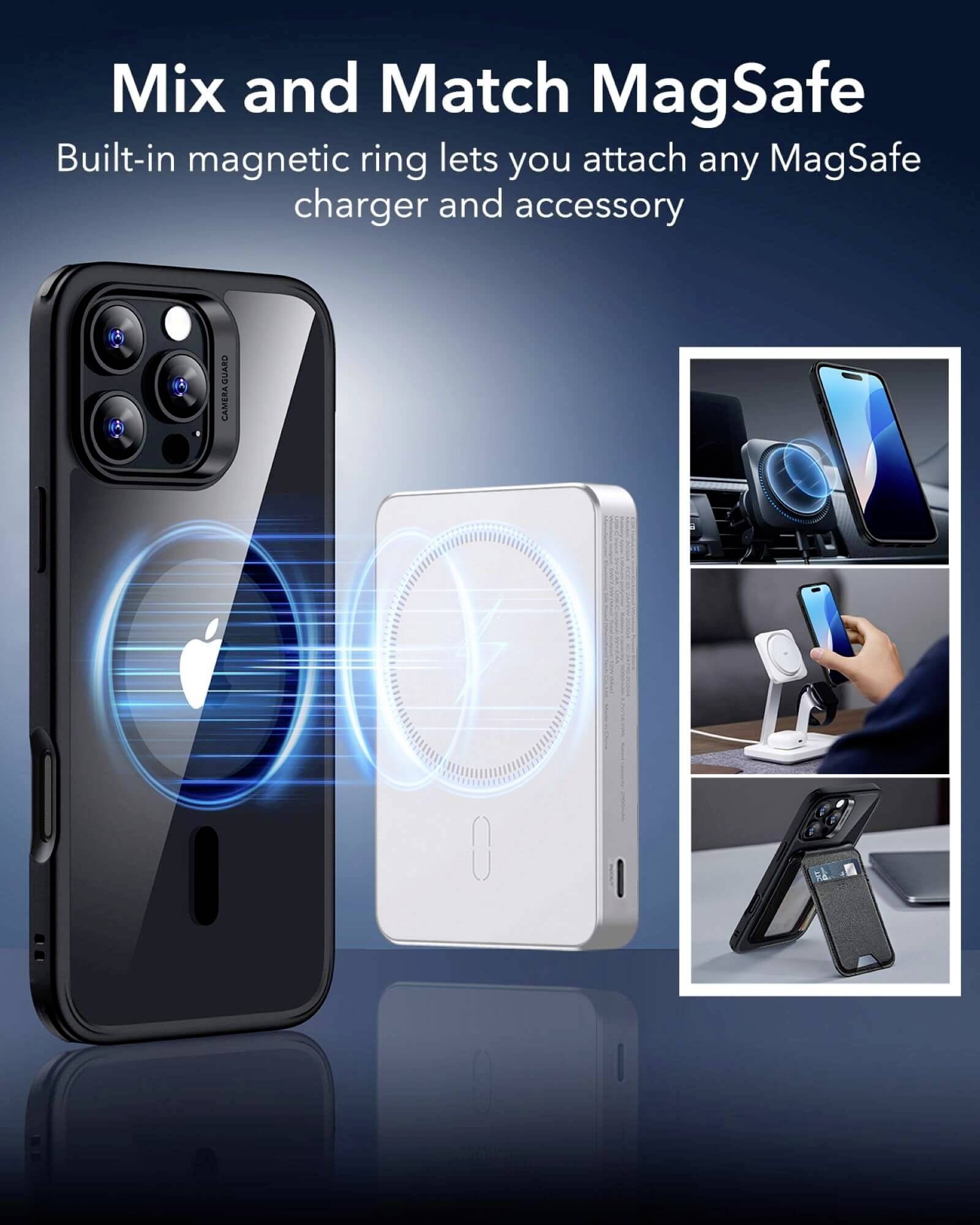 Smartfon z pierścieniem magnetycznym obsługującym akcesoria MagSafe. Po prawej przykłady zastosowań: uchwyt, stacja ładowania, podstawka.