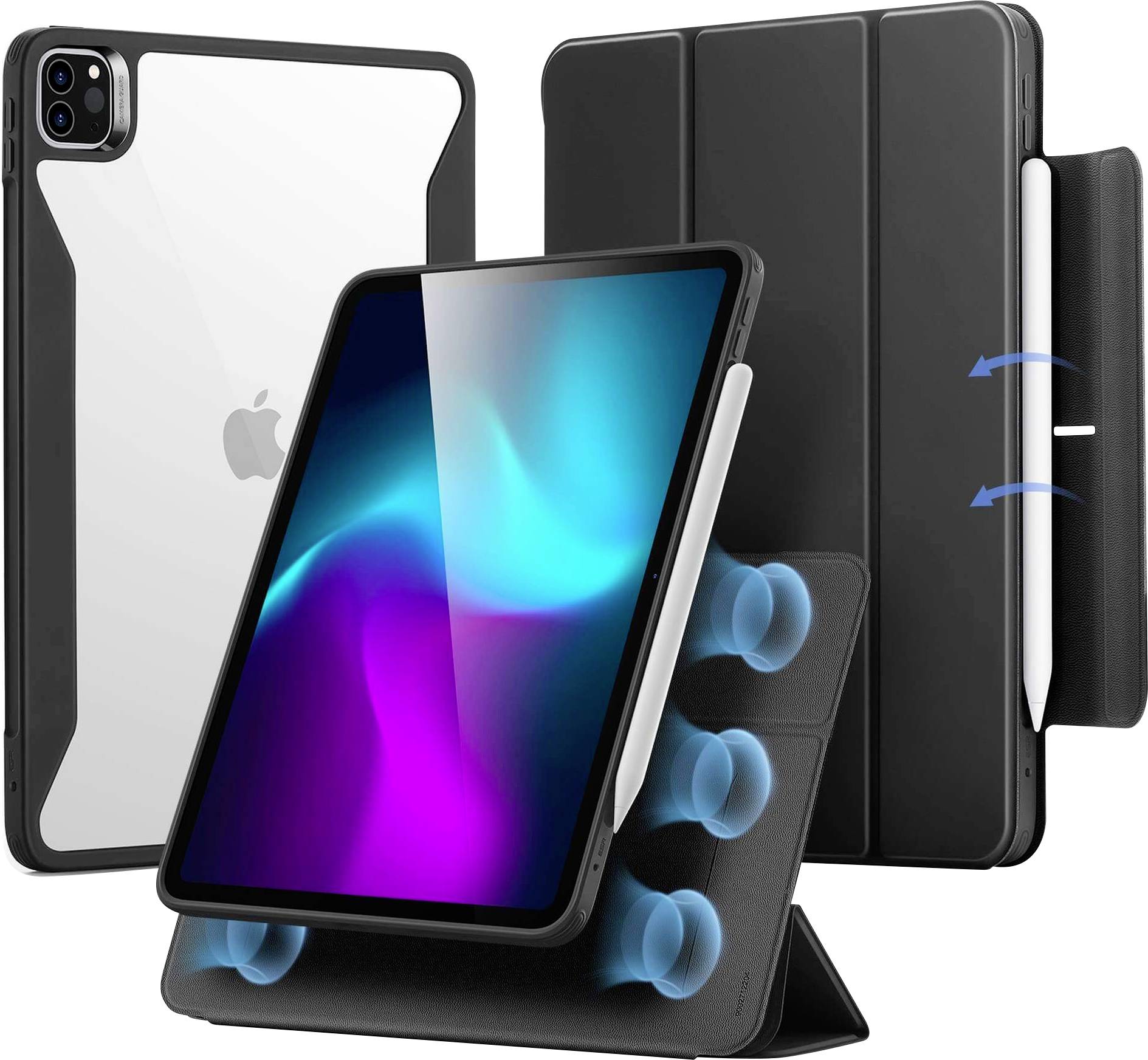 Czarne etui na iPad z podstawką, przezroczystą tylną częścią i uchwytem na Apple Pencil. Dwa widoki przedstawiają etui w pozycji otwartej i zamkniętej.