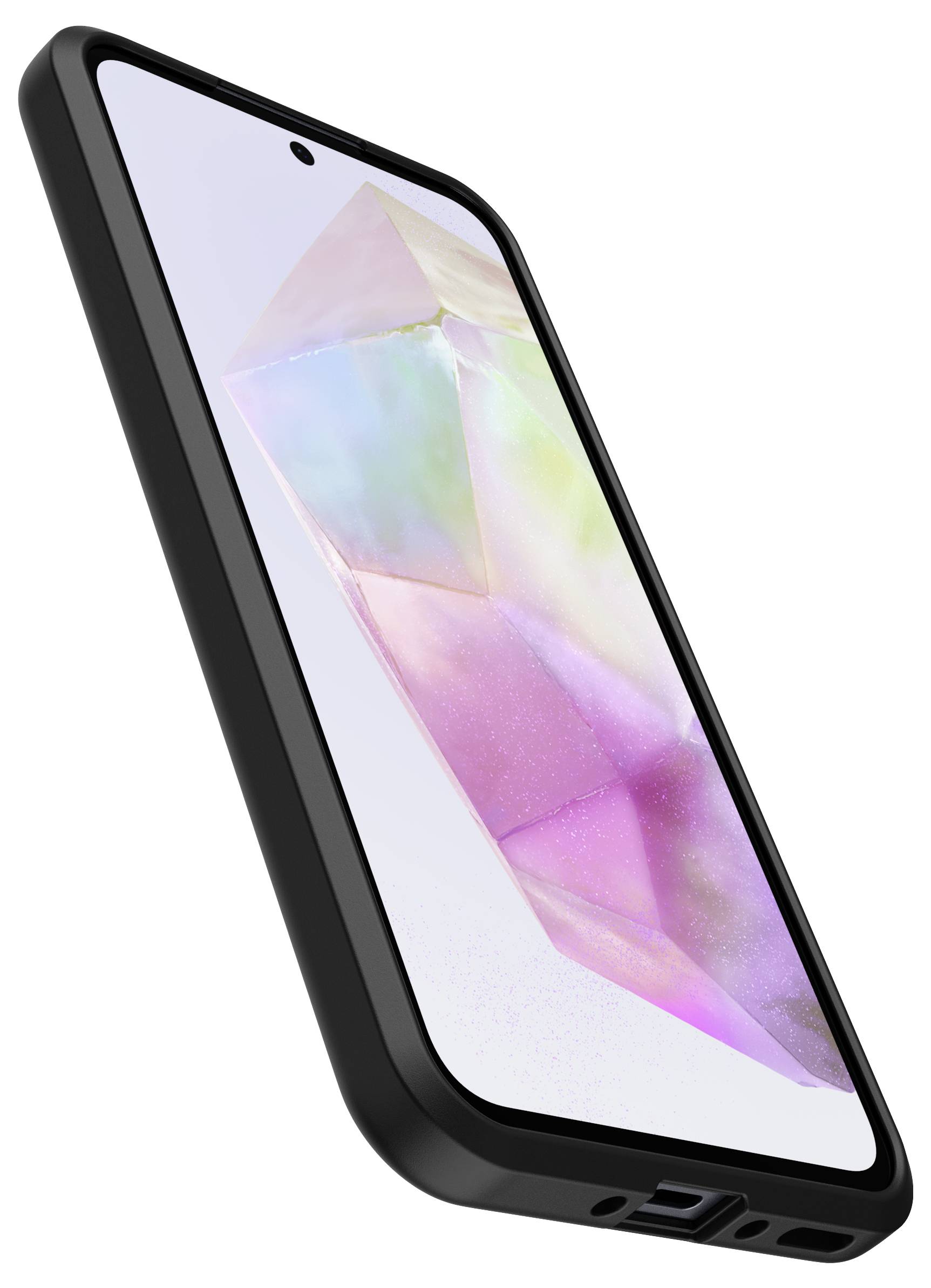 Nowoczesny smartfon z kryształowo przypominającym, kolorowym tłem na ekranie. Obudowa jest czarna.