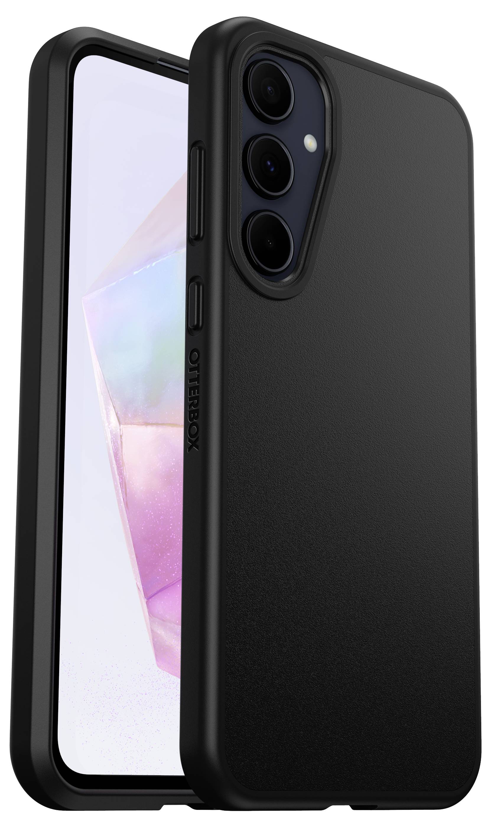 Czarny smartfon w solidnym etui z trzema obiektywami aparatu z tyłu. Na ekranie wyświetlają się kolorowe grafiki.