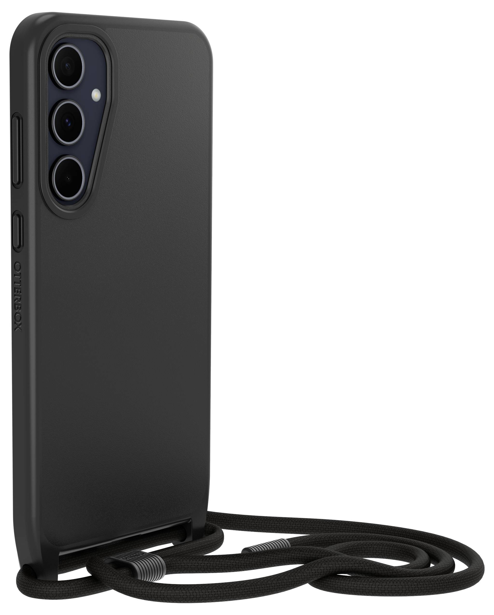 Czarny smartfon z etui i sznurkiem jako paskiem do noszenia.