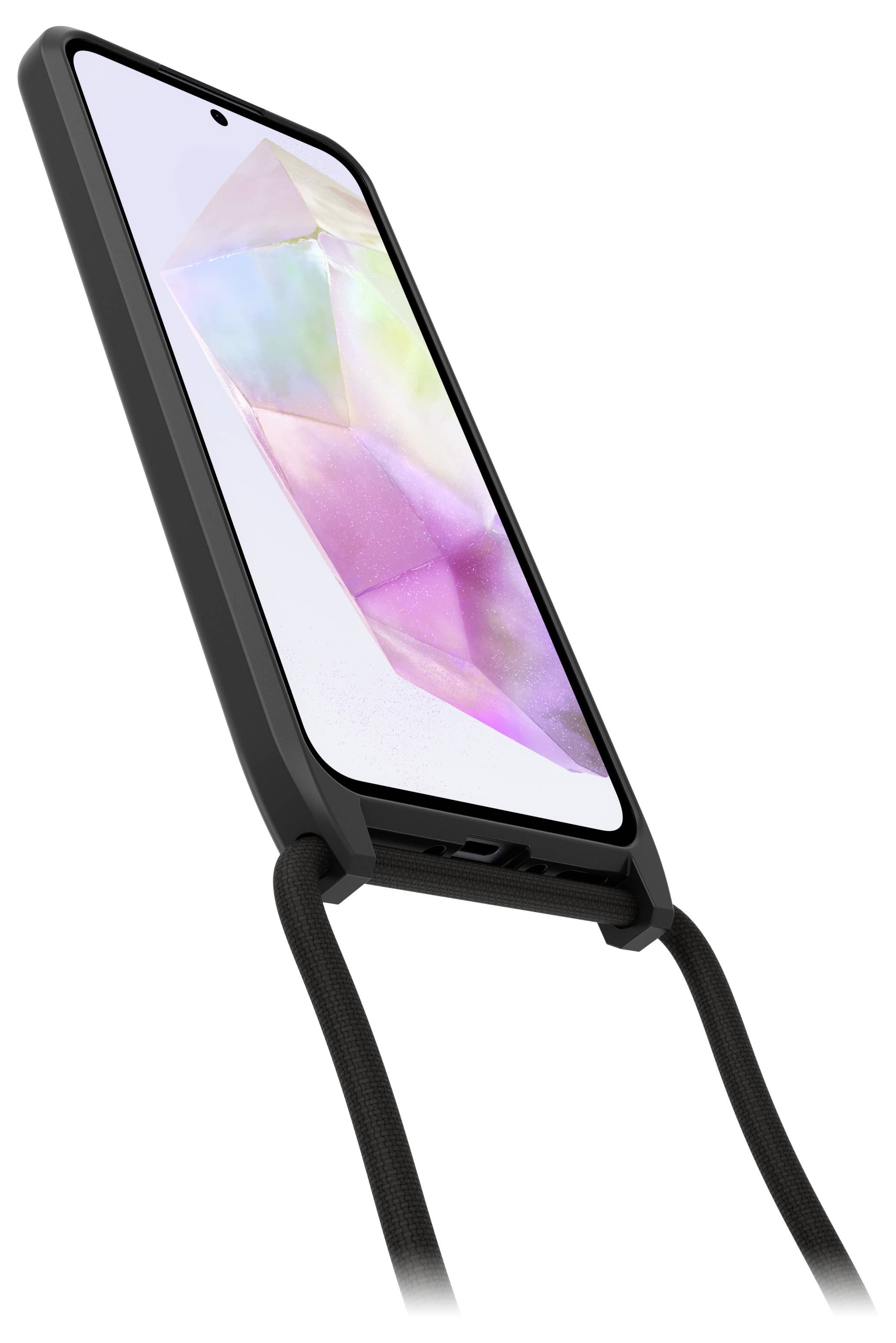 Smartfon w czarnej, wiszącej obudowie ochronnej, wyświetlacz prezentuje abstrakcyjny, kolorowy wzór. Do obudowy przymocowany jest pasek nośny.