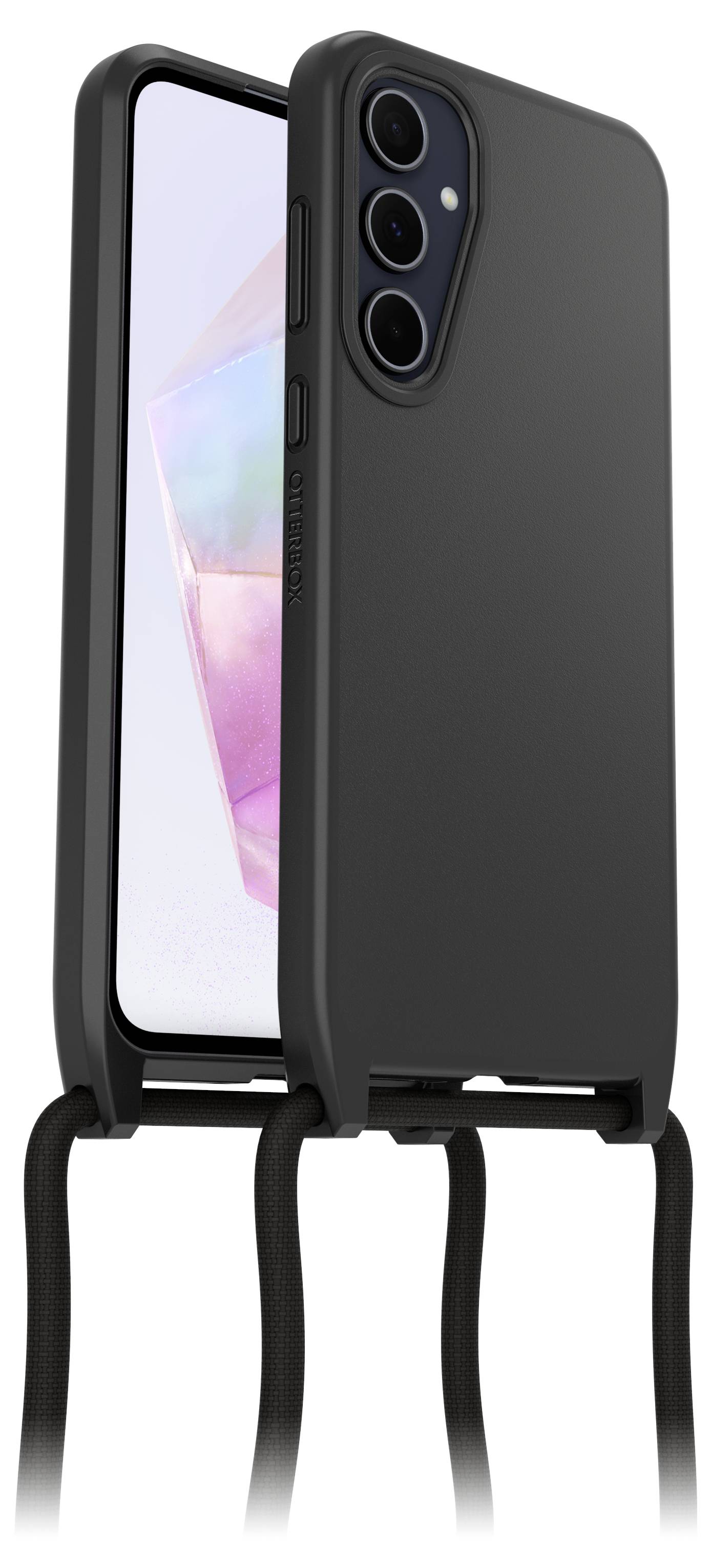 Smartfon w czarnym etui z paskiem. Wyświetla ekran z abstrakcyjnym wzorem. Z tyłu widoczne są trzy aparaty.