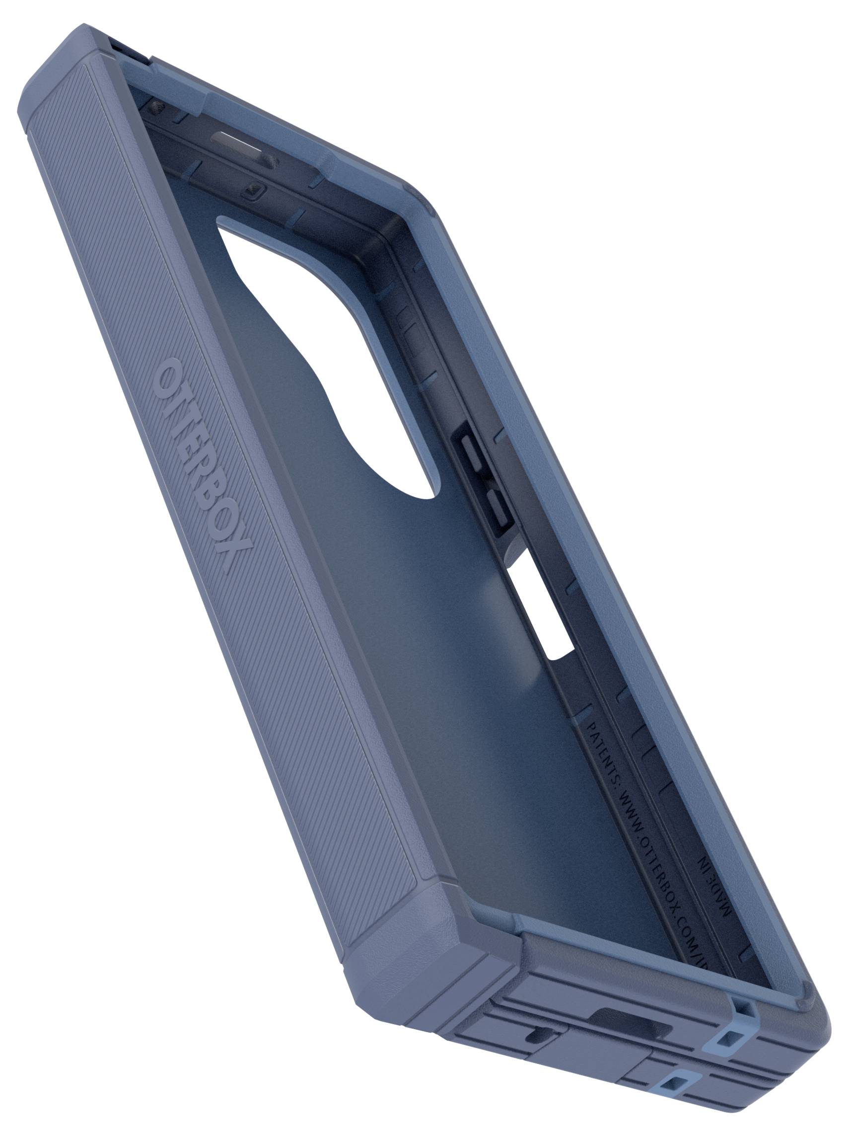 Niebieskie etui na telefon marki Otterbox, pokrowiec o wytrzymałej konstrukcji, otwarte i sfotografowane pod skosnym kątem z boku.