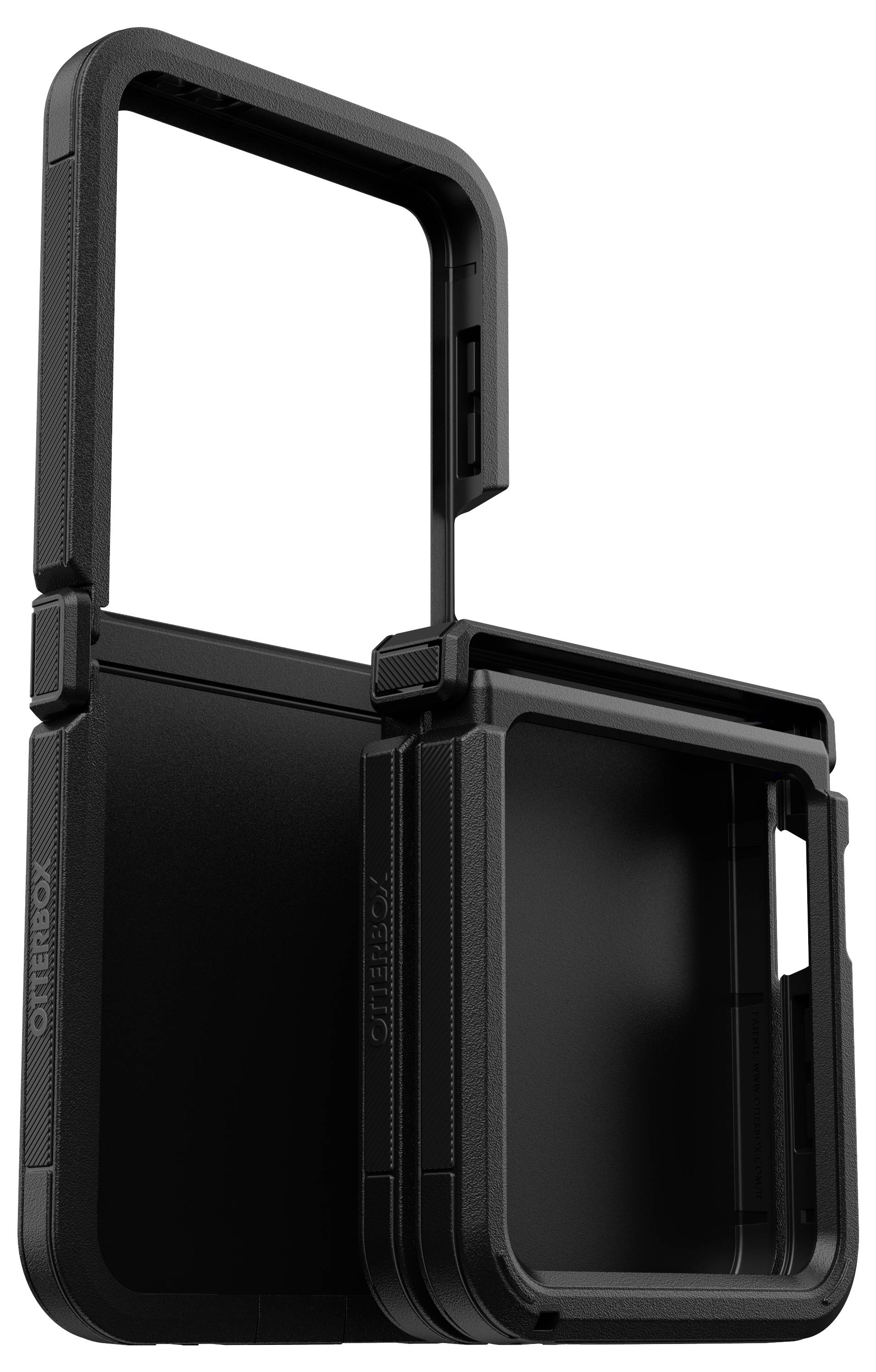 Etui ochronne w kolorze czarnym do składanego smartfona, składające się z dwóch części. Solidnie wykonane, zapewniające wzmocnioną ochronę.