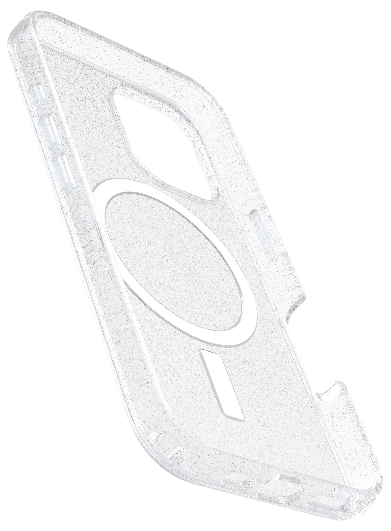 Przezroczyste etui na telefon z pierścieniowym uchwytem oraz wycięciami na przyciski i kamerę. Idealne do ochrony i podparcia urządzenia.