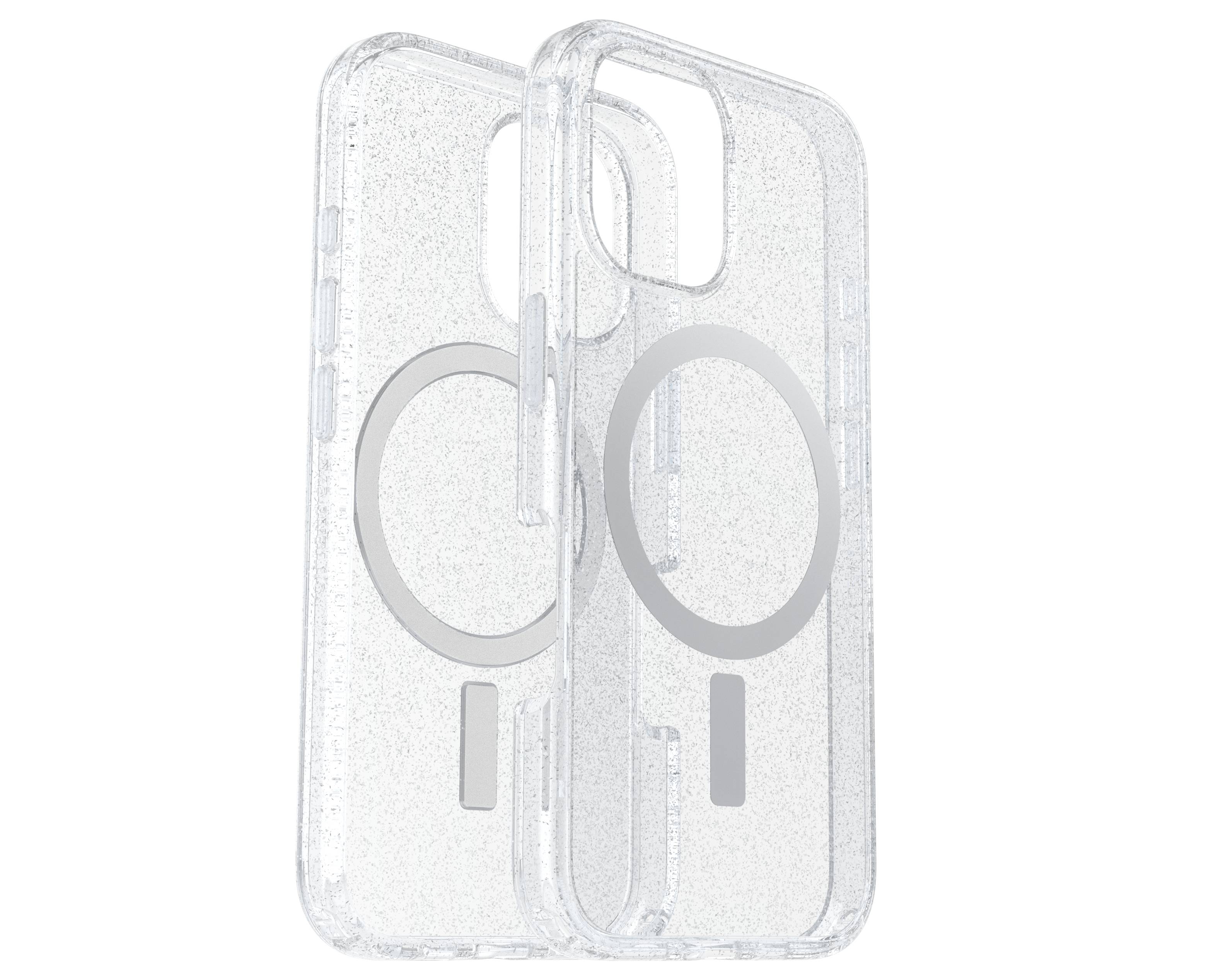 Dwie przezroczyste obudowy do telefonu z okrągłym wzorem MagSafe, stojące obok siebie, prezentujące tylną stronę i narożniki etui.