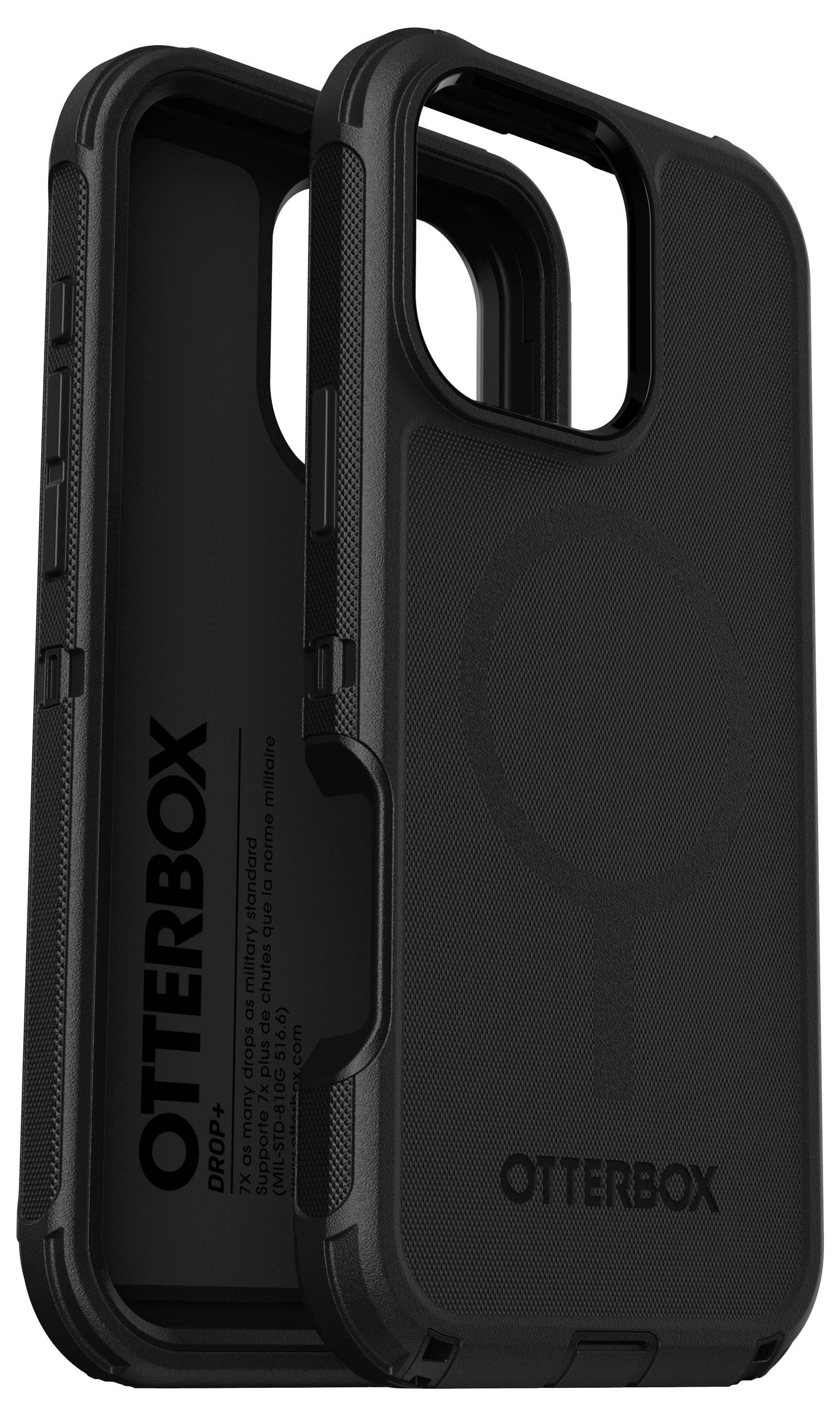 Dwie wytrzymałe, czarne etui na smartfony marki Otterbox, kompatybilne z MagSafe i posiadające ochronną konstrukcję zapewniającą podwyższoną odporność na wstrząsy.