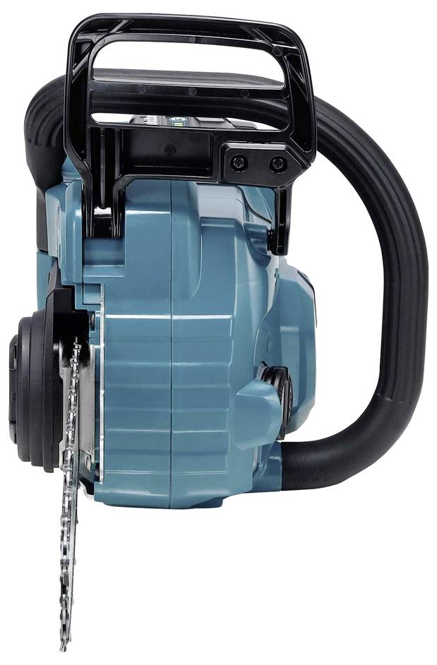 Niebieska, kompaktowa piła łańcuchowa z czarnym uchwytem, przedstawiona z boku. Widoczny jest jej łańcuch i obudowa.