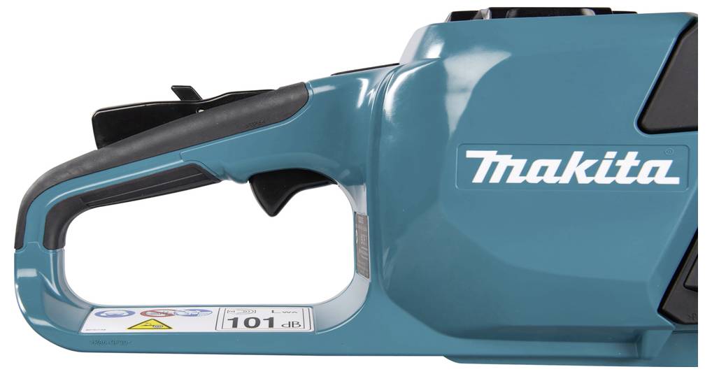 Uchwyt elektronarzędzia z logo 'Makita'. Zintegrowana skala głośności wskazuje 101 dB, odpowiednia dla zrozumienia ochrony słuchu.