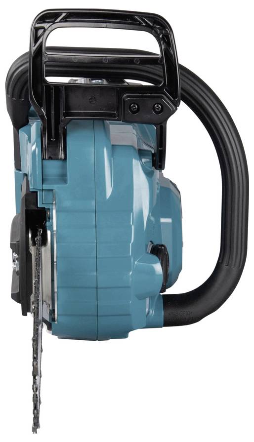 Piła łańcuchowa o turkusowym korpusie i czarnej rękojeści, sfotografowana od przodu. Srebrny łańcuch widoczny jest po lewej stronie.