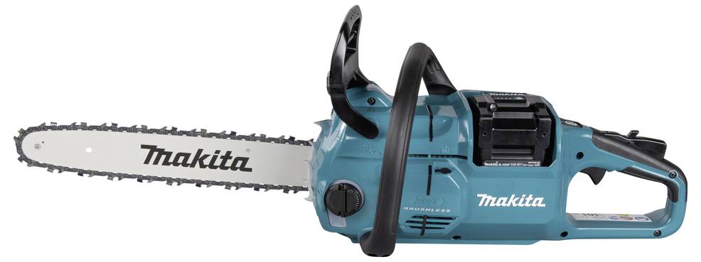 Turkusowa i czarna akumulatorowa piła łańcuchowa z logo 'Makita' na prowadnicy, przeznaczona do cięcia drewna. Widoczny jest uchwyt i elementy sterujące.