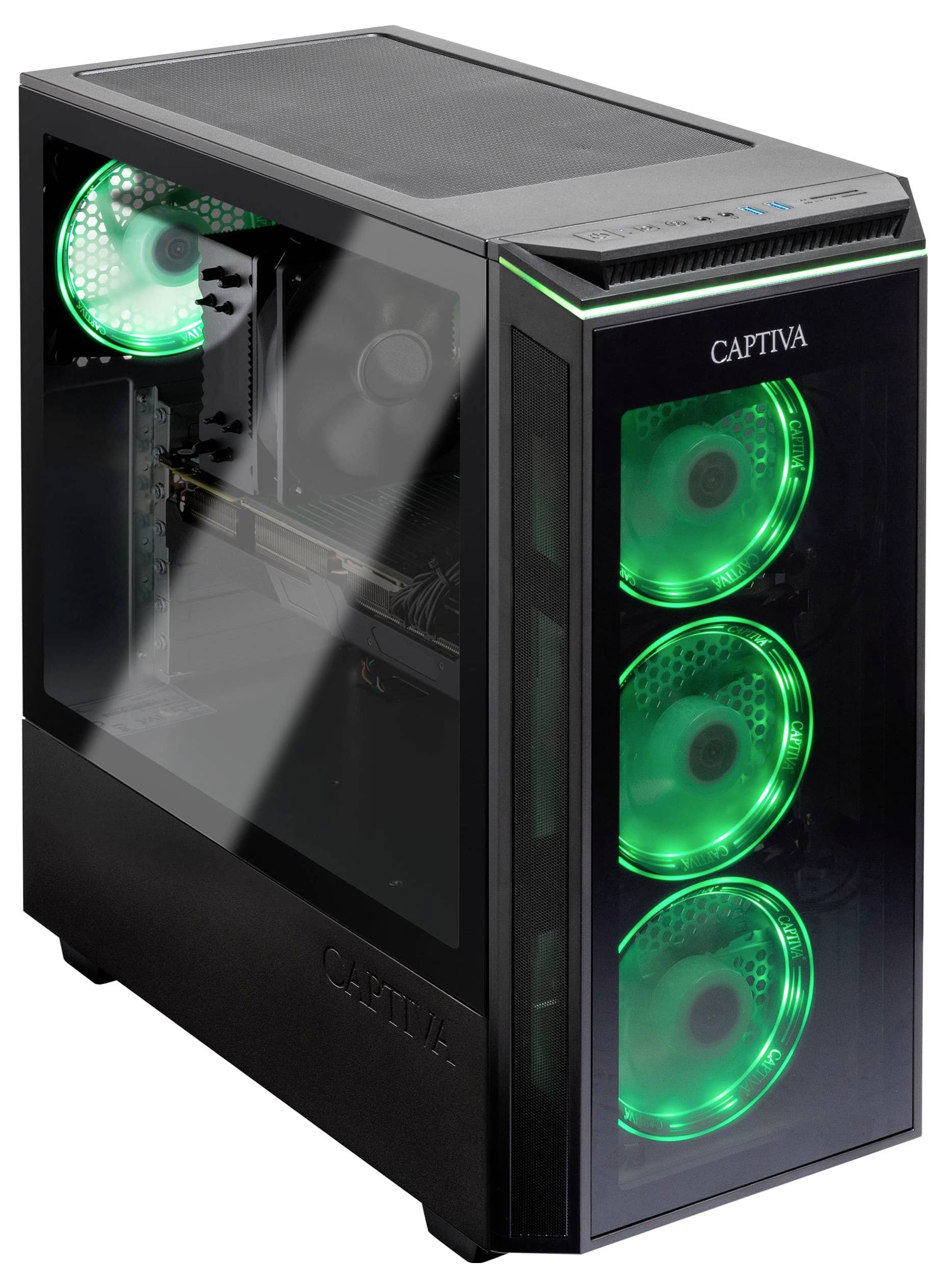 Czarny komputer z przezroczystą boczną ścianką. Z przodu widoczne są trzy świecące zielone wentylatory, a jeden znajduje się wewnątrz.
