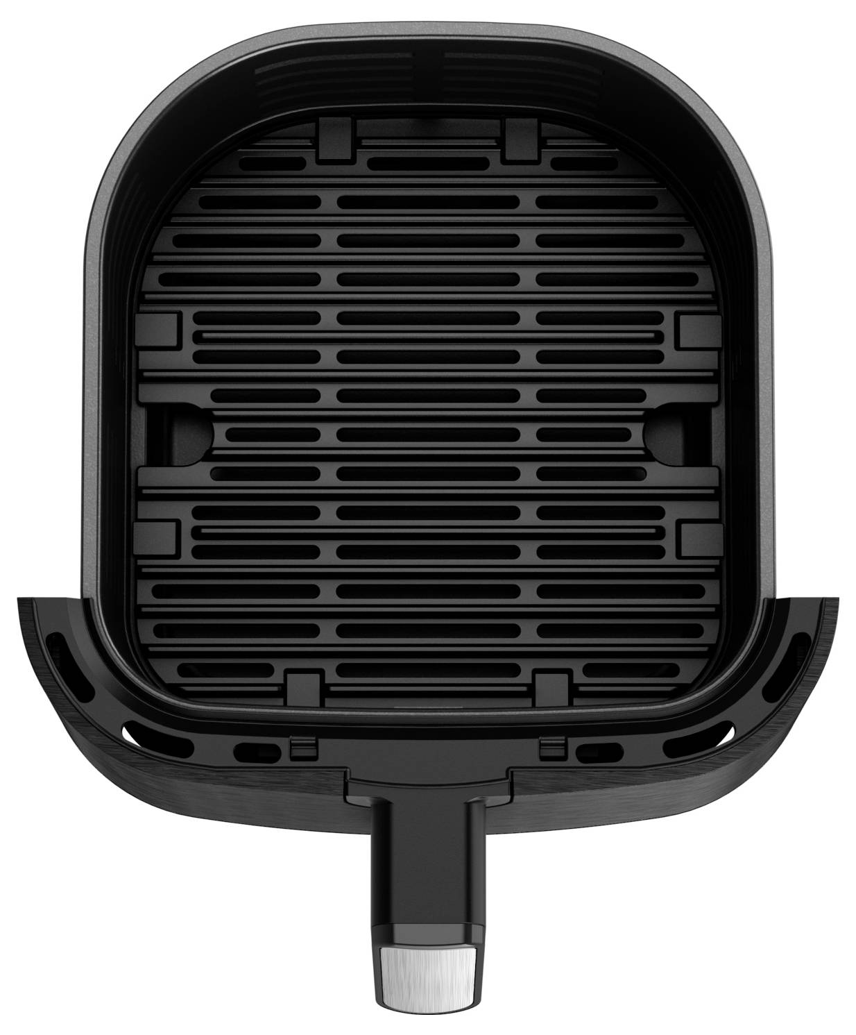 Czarny, prostokątny kosz do frytkownicy powietrznej widziany z góry, z uchwytem na dole. Nie zawiera żadnych potraw. Nadaje się do smażenia przy niskiej zawartości tłuszczu.