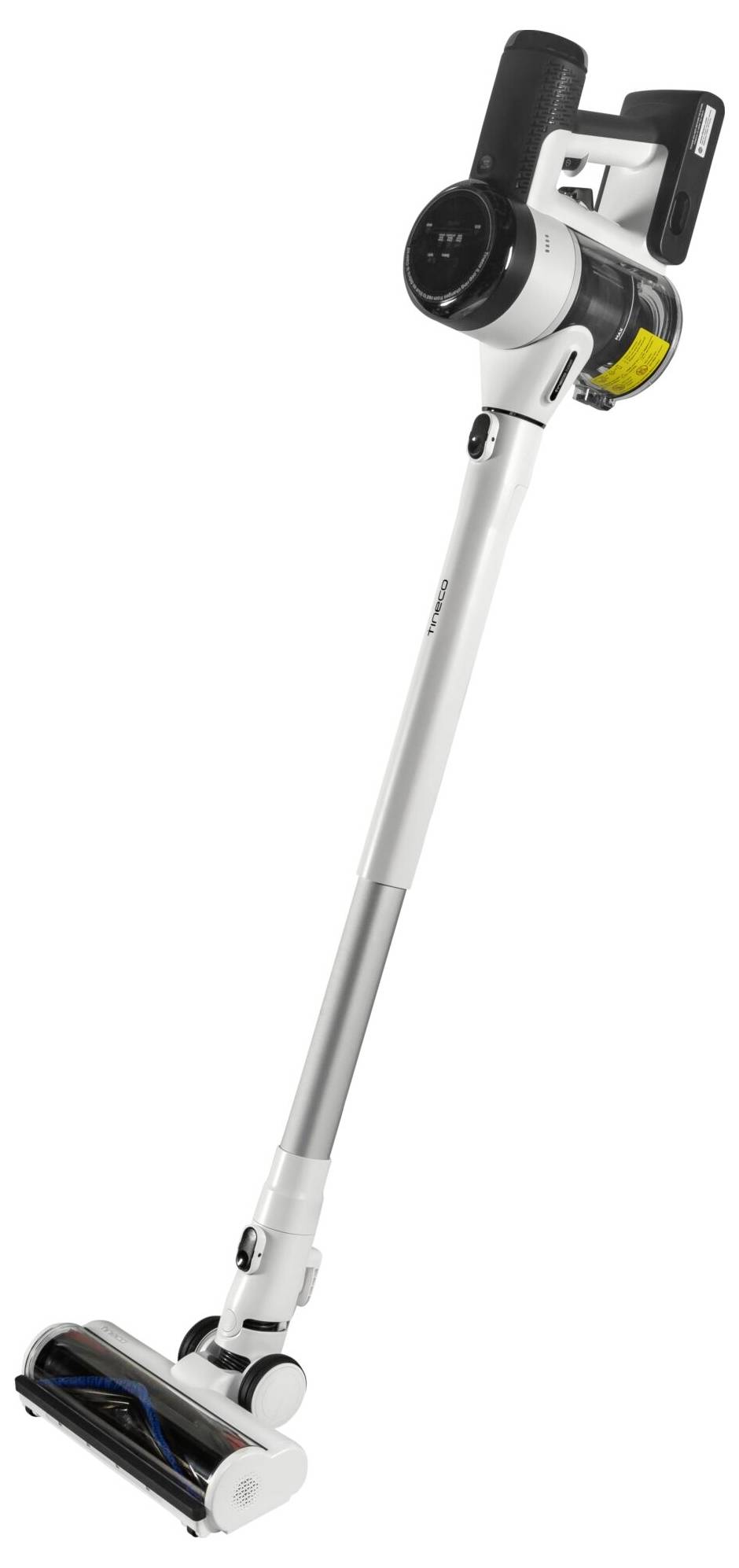 Bezprzewodowy odkurzacz ręczny w kolorach białym i czarnym. Długa, smukła rączka z okrągłym silnikiem na górze i obrotową szczotką na dole.