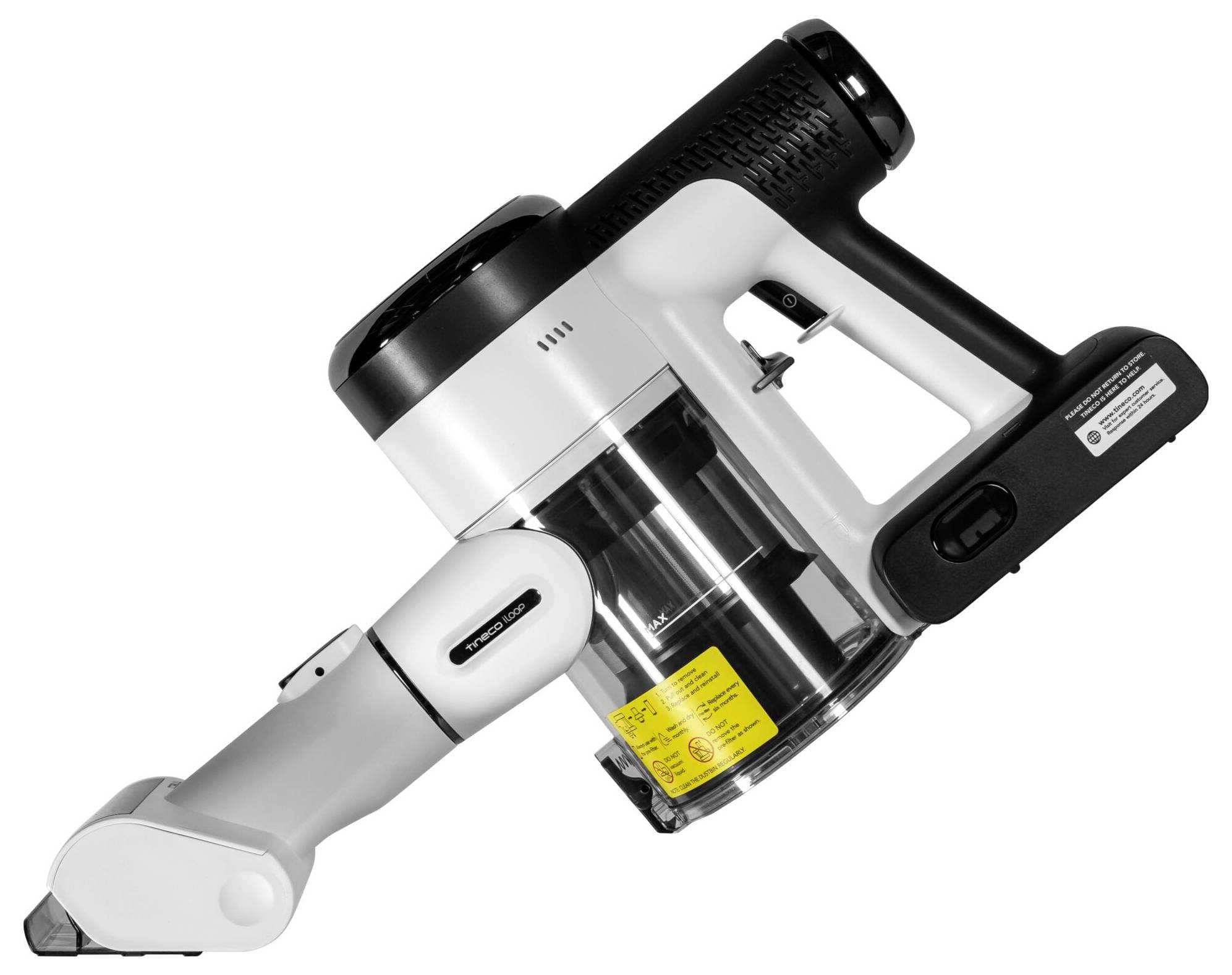 Bezprzewodowy ręczny odkurzacz w kolorach białym i czarnym, kompaktowy pojemnik, ergonomiczny uchwyt, odpowiedni do wszechstronnego sprzątania.