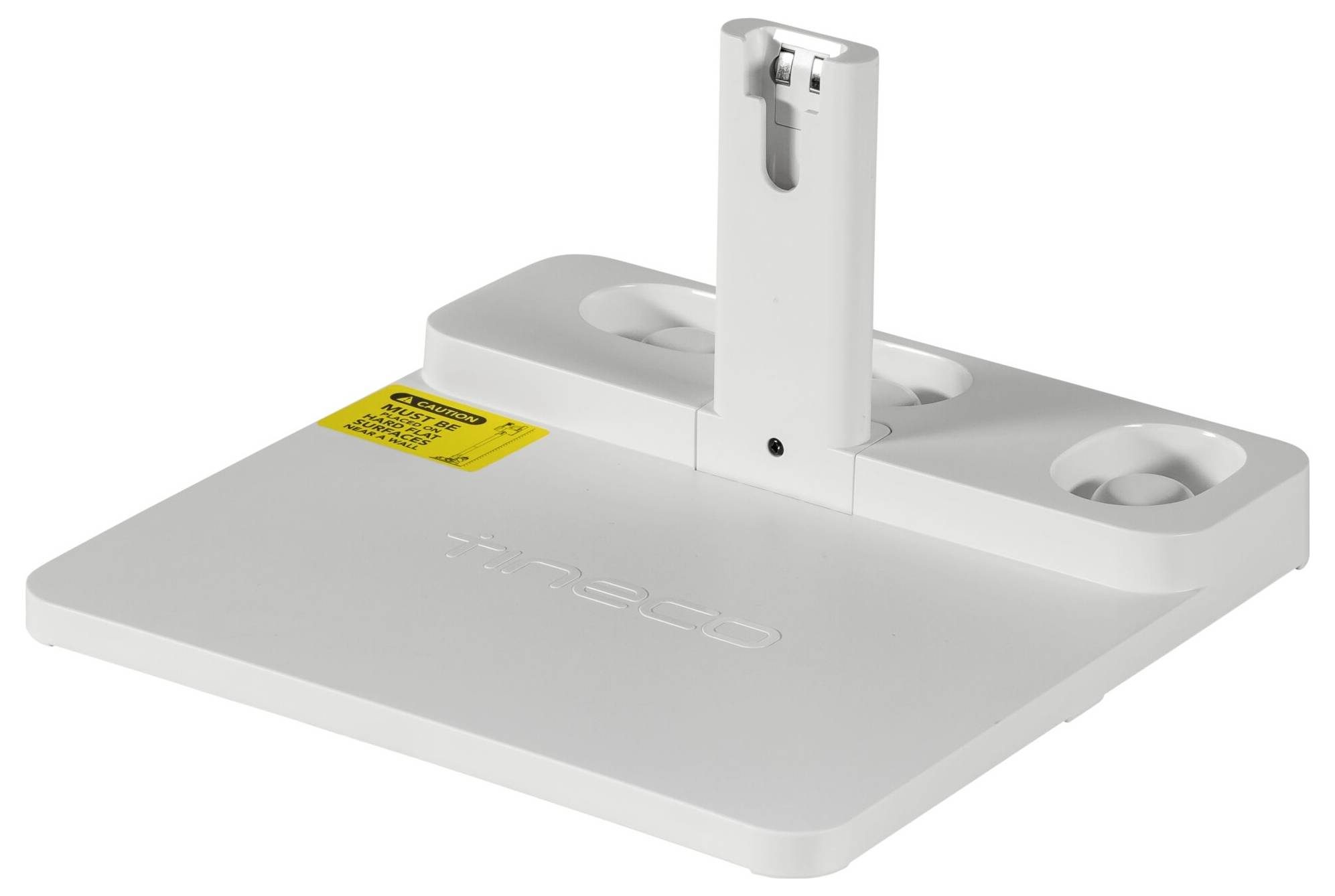 Biała stacja dokująca z dwoma portami ładowania i pionowym uchwytem pośrodku, odpowiednia dla urządzeń mobilnych.