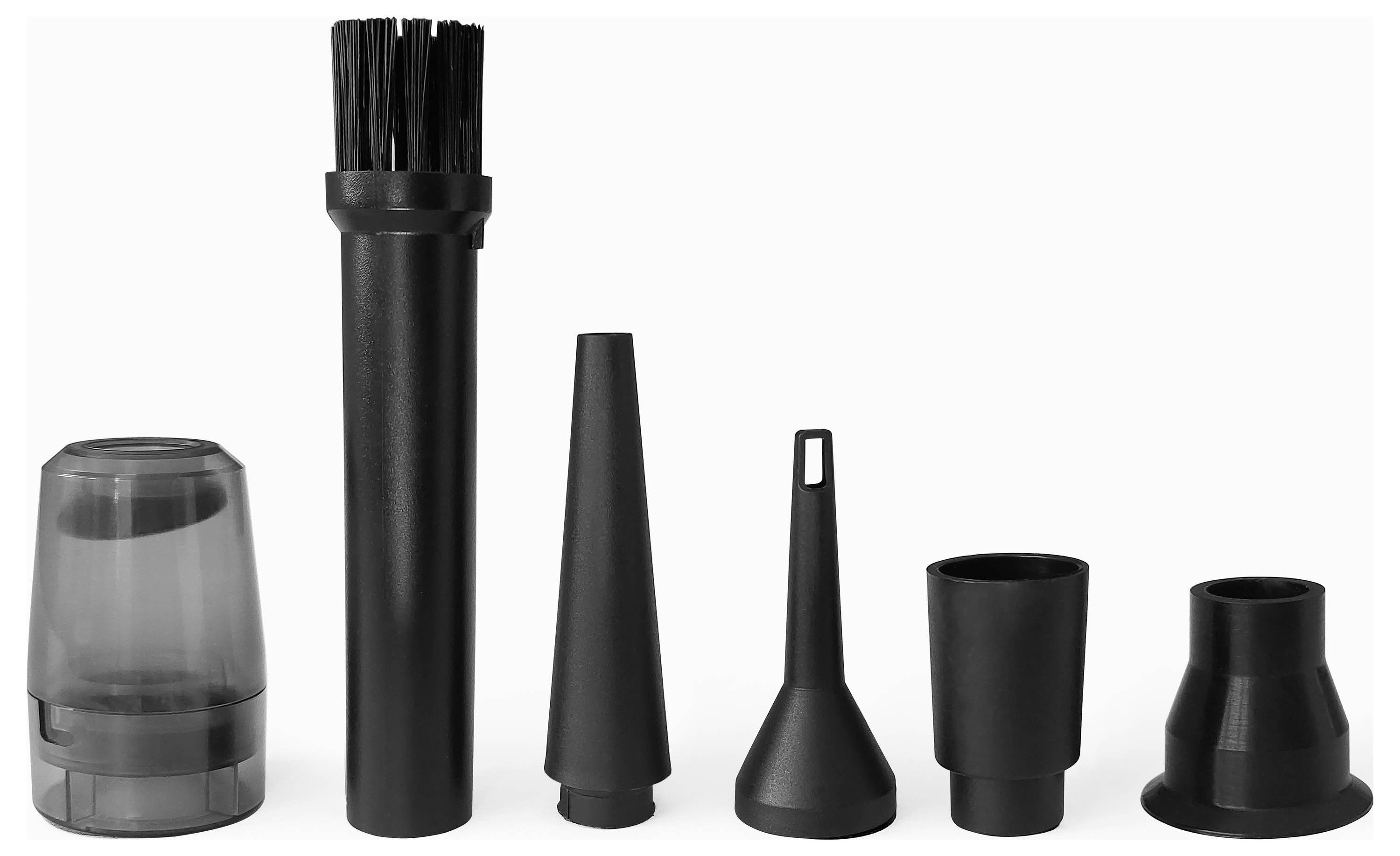 Sześć różnych czarnych końcówek do odkurzacza na białym tle, w tym końcówki szczotkowe i dysze do różnych celów sprzątania.