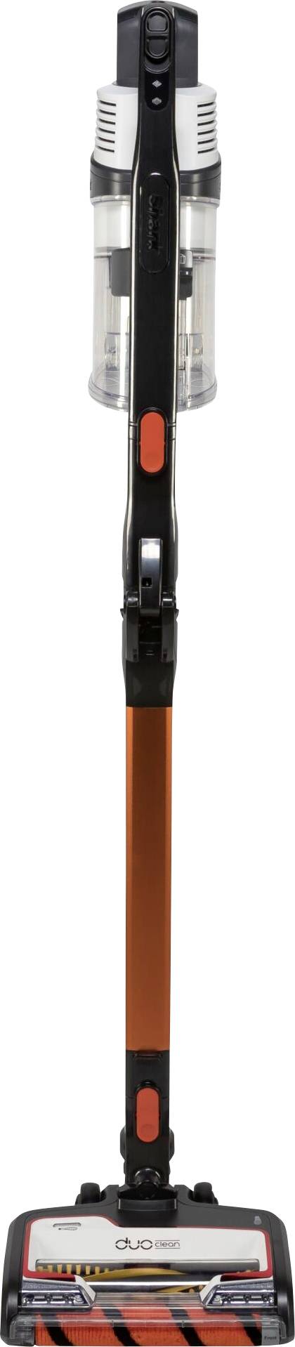 Bezprzewodowy odkurzacz w kolorach pomarańczowo-czarnym, ustawiony pionowo, przeznaczony do czyszczenia różnych rodzajów podłóg.