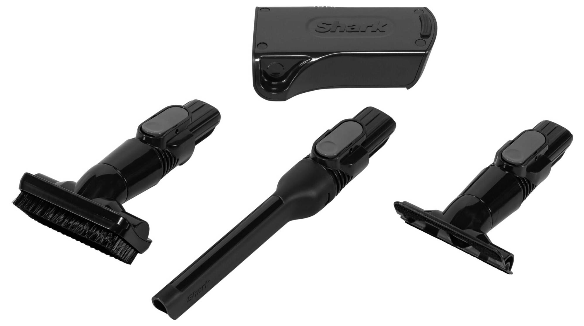 Czarne końcówki i akcesoria do odkurzacza w różnych kształtach na białym tle, odpowiednie do różnych zadań czyszczących.