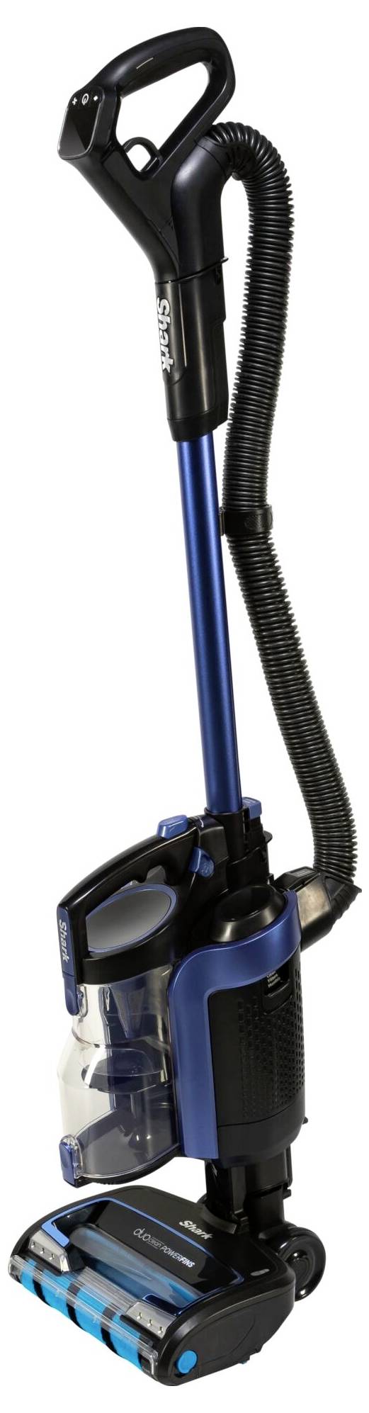 Niebieski ręczny odkurzacz z wężem i przezroczystym zbiornikiem na kurz. Odpowiedni do różnorodnych zastosowań sprzątających.