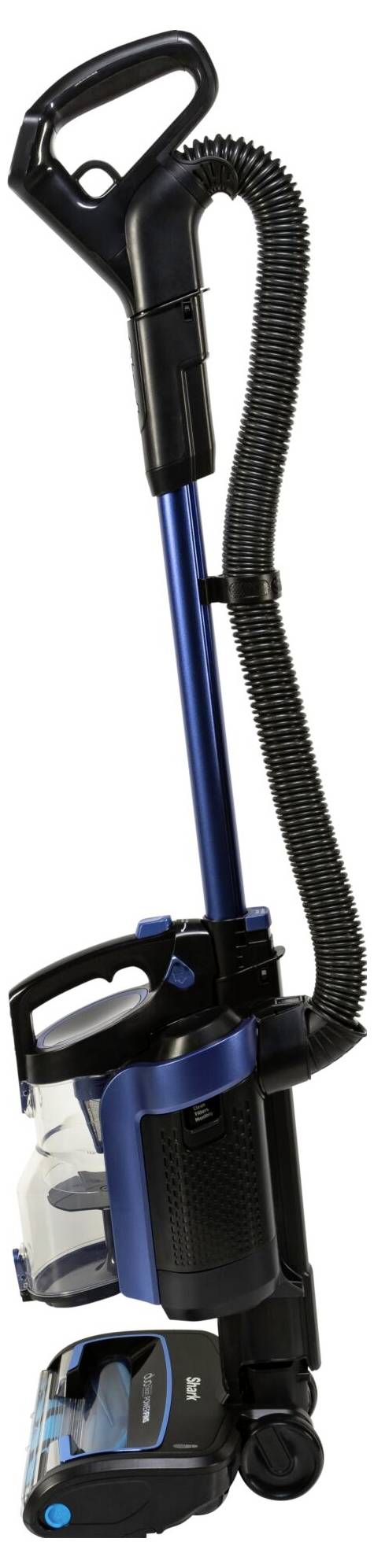 Czarno-niebieski odkurzacz z uchwytem i wężem, stojący, wyposażony w duży, przezroczysty pojemnik na kurz oraz szczotkę do podłogi.